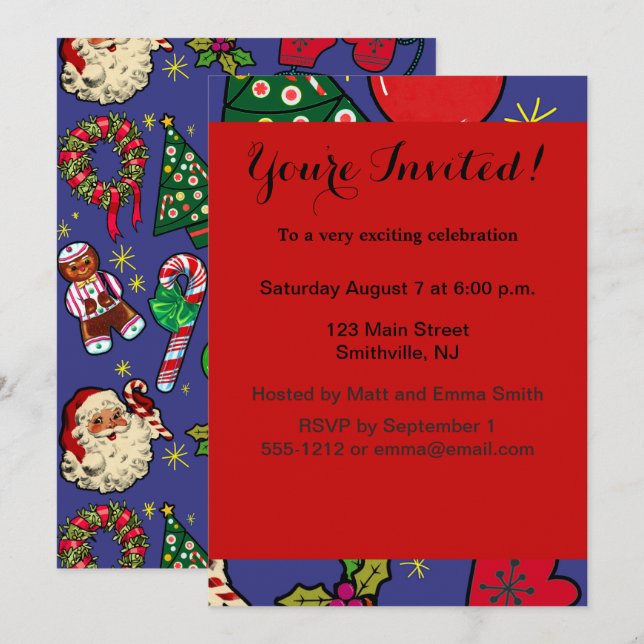 Invitation Vintage de Noël rétro couleur bleu rouge vert (Devant / Derrière)