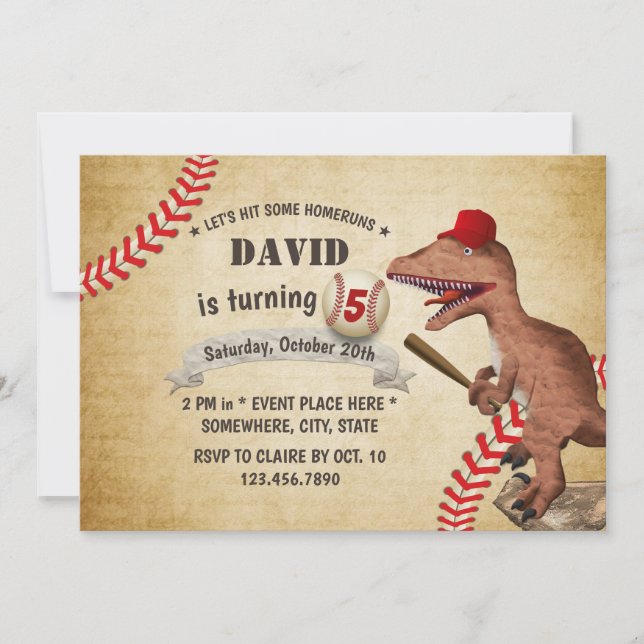 Invitation Vintage Dinosaur Baseball 5e anniversaire (Devant)