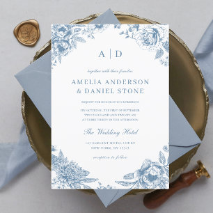 Invitation Vintage Dusty Blue Garden Monogram Mariage