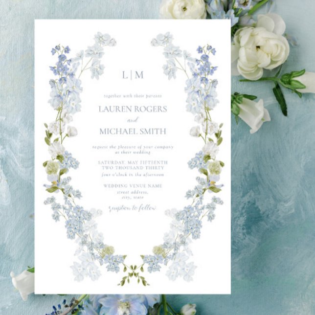Invitation Vintage Dusty Blue Garden Monogram Mariage (Unveil love with our Vintage Invitation. #ElegantWeddings)