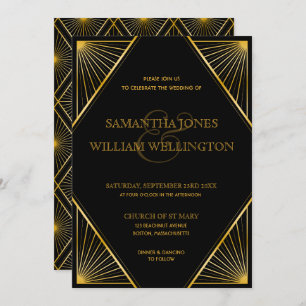 Invitation Vintage Elegant Art Déco Black Gold Mariage 