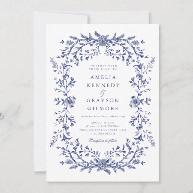 Invitation Vintage Elégant bleu bleu Mariage Floral (Devant)