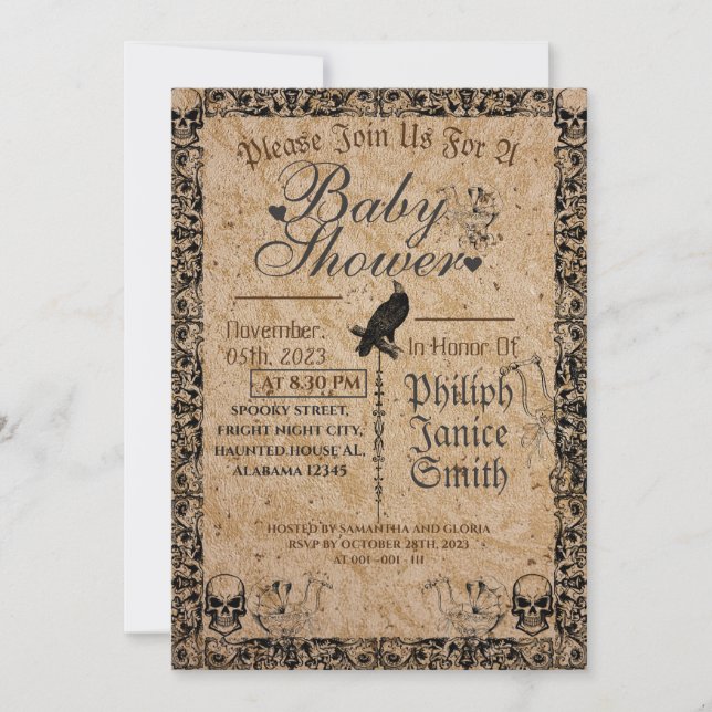 Invitation Vintage Elegant Gothic, Baby shower Halloween (Devant)