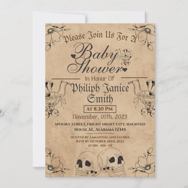Invitation Vintage Elegant Gothic, Baby shower Halloween (Devant)