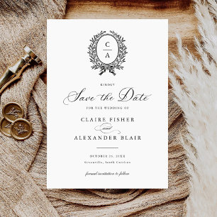 Invitation Vintage Elegant Leave Crest Monogramme Enregistrer