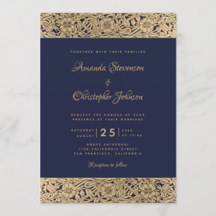Invitation Vintage Elegant Marine Blue Gold Wild Rose Mariage
