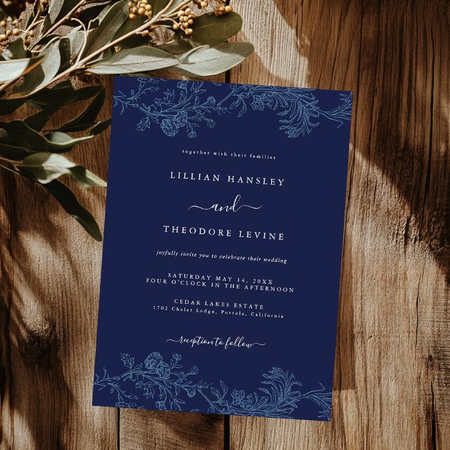 Invitation Vintage Elegant Marine Floral Leaf Mariage (Créateur téléchargé)