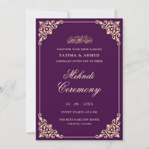 Invitation Vintage Elegant Purple Gold Script Mehndi Cérémoni