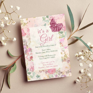 Invitation Vintage élégant rose vif fleuri Baby shower fille