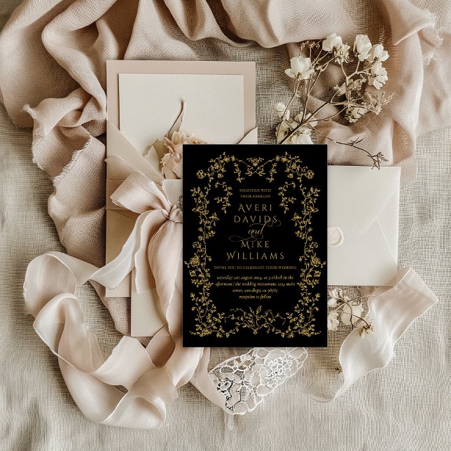 Invitation Vintage Elegante Black Gold Flower Mariage (Créateur téléchargé)