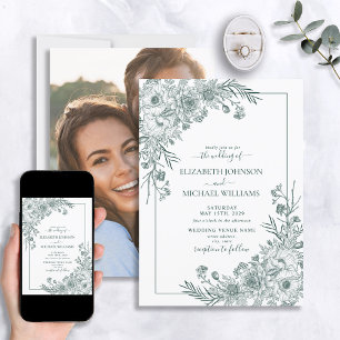 Invitation Vintage Emerald Floral Line Art Mariage