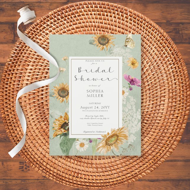 Invitation vintage été Sunflower Floral Douche (Vintage Summer Sunflower Green Bridal Shower Invitation Postcard)