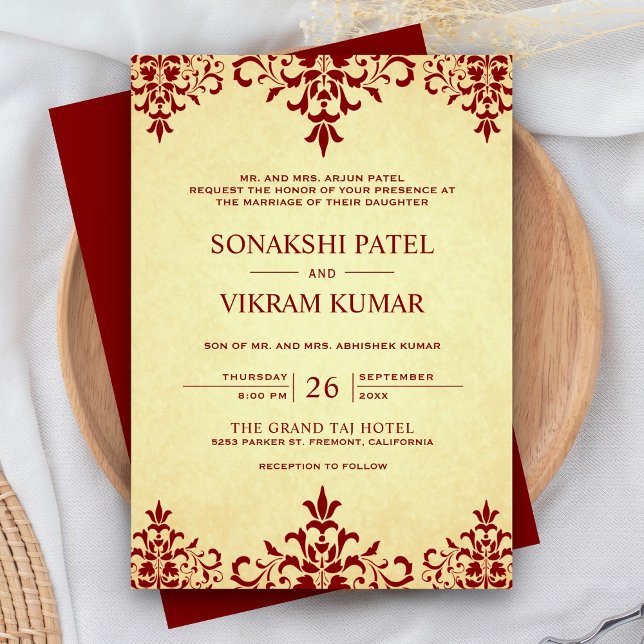 Invitation Vintage ethnique rouge Damask Mariage indien (Créateur téléchargé)