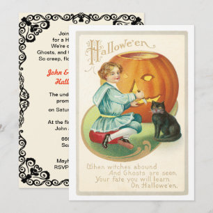Invitation Vintage Fille Carving Un Halloween Citrouille