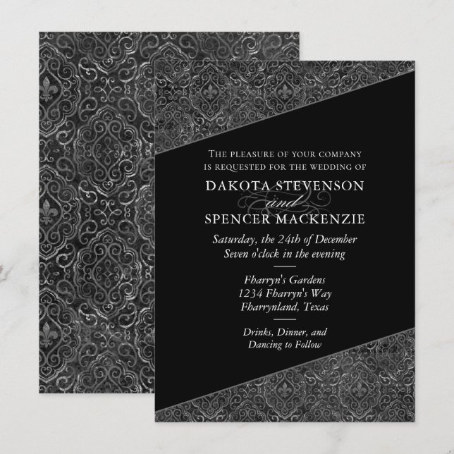 Invitation Vintage Fleur de Lis Damask | Grunge Mariage (Devant / Derrière)