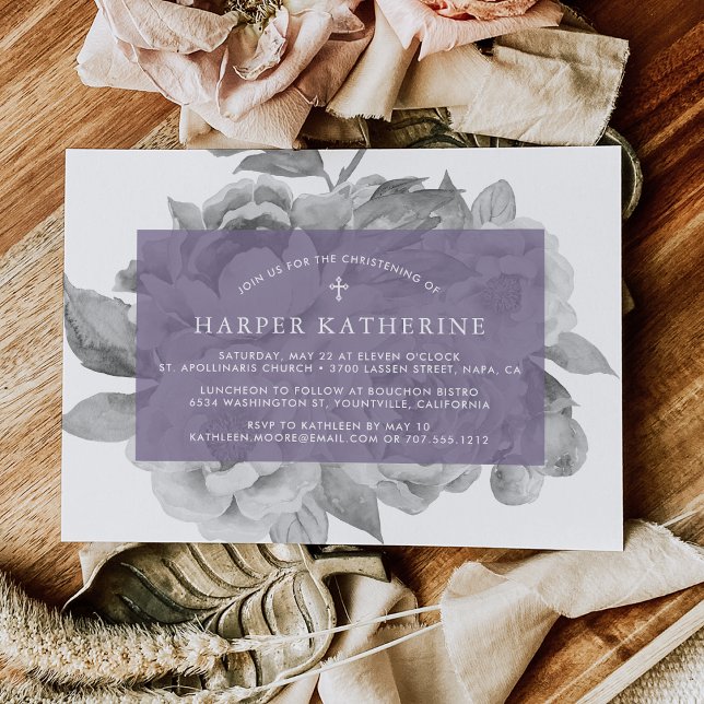 Invitation vintage Floral Christening | Violet (Créateur téléchargé)