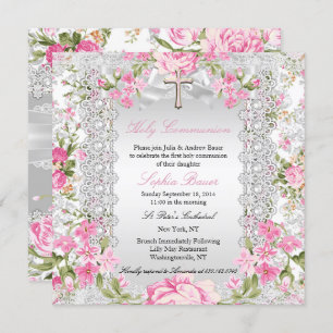 Invitation Vintage Floral Cross Première communion rose 4