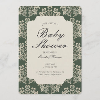 Invitation Vintage Floral Damask Baby Shower Green Beige
