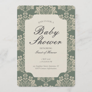 Invitation Vintage Floral Damask Baby Shower Green Beige