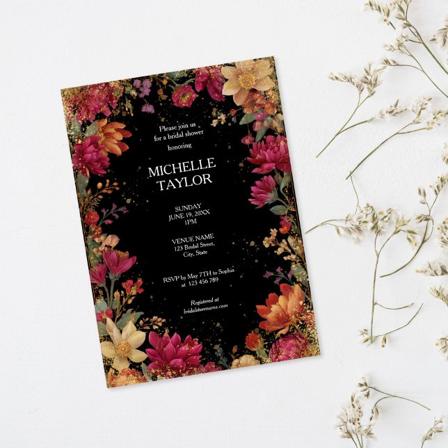 Invitation Vintage  Floral Enchanted Garden Elegant  (vintage colorful floral frame with gold glitter, bridal shower invitation)