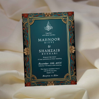 Invitation Vintage Floral Gold Frame Mariage islamique Monogr