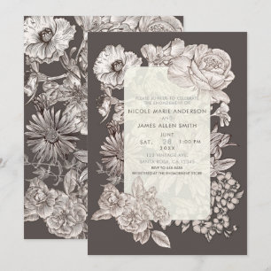 Invitation Vintage Floral moderne ivoire et Fiançailles gris