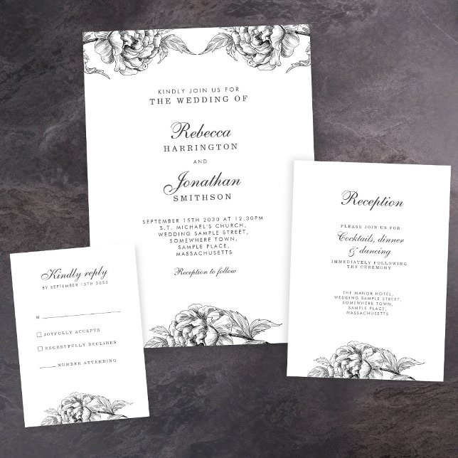 Invitation Vintage Floral noir blanc Mariage botanique (Créateur téléchargé)