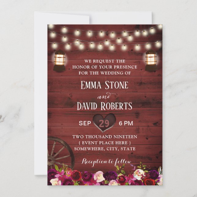 Invitation Vintage Floral Rustique Lanterne Mariage d'automne (Devant)