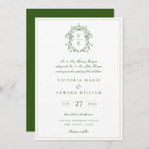Invitation Vintage Forest Green Crest Monogramme Mariage