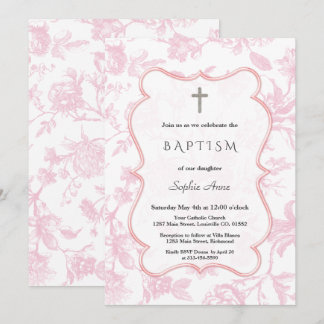 Invitation Vintage French Pink Toile Flowers Girl Baptism