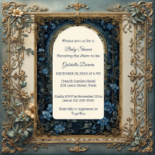 Invitation Vintage French Toile Bleu Clair Baby Shower Luxe 