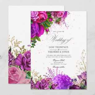 Invitation Vintage Fuchsia et Purple Shabby Mariage floral