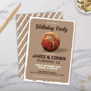 Invitation Vintage Garçons Basketball thème Double fête d'ann