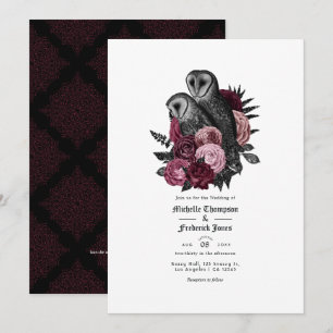 Invitation Vintage Glam Burgundy Owls gothique Mariage QR Cod