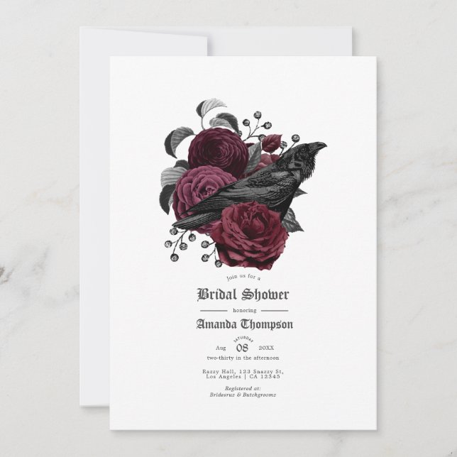 Invitation Vintage Glam Burgundy Raven Fête des mariées gothi (Devant)