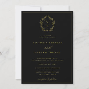 Invitation Vintage Gold Crest Monogramme Mariage noir