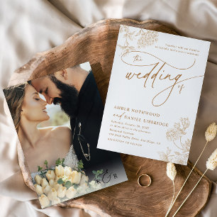 Invitation Vintage Gold Floral Modern Script Mariage photo