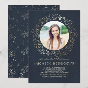 Invitation Vintage Gold Floral Navy Sweet sixteen anniversai