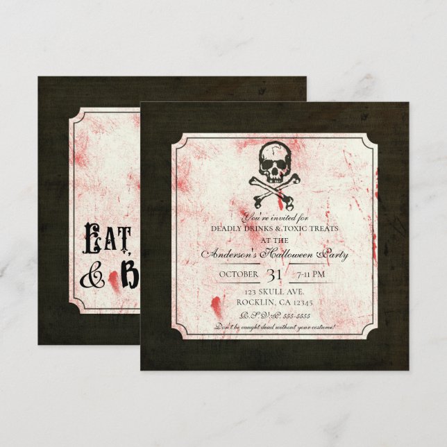 Invitation Vintage Grunge Crâne Crossbones Bloody Halloween (Devant / Derrière)