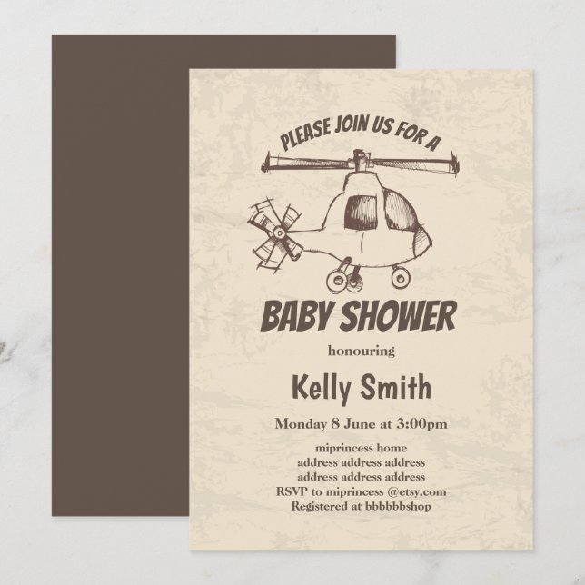 Invitation vintage, Hélicoptère, baby shower garçon (Devant / Derrière)