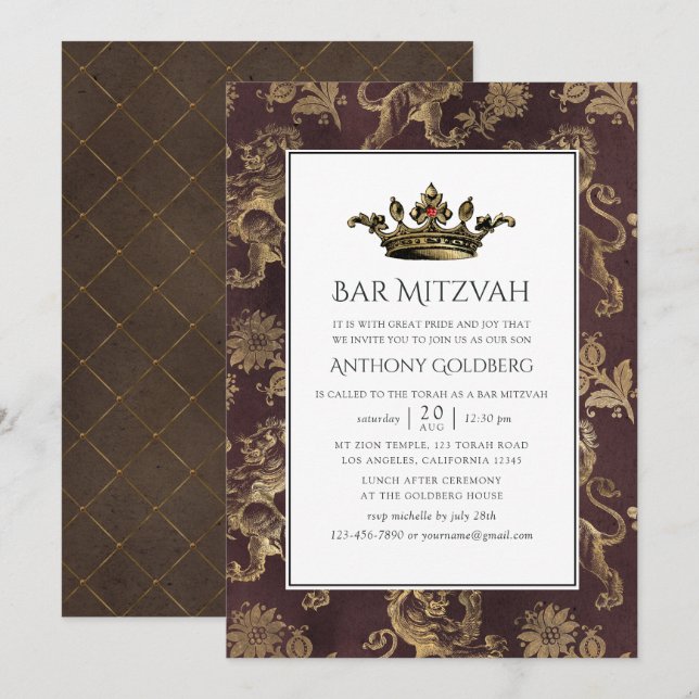 Invitation Vintage héraldique Bar Mitzvah (Devant / Derrière)