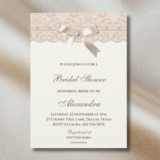 Invitation Vintage Ivory Bow Pearl Lace Bridal Shower  