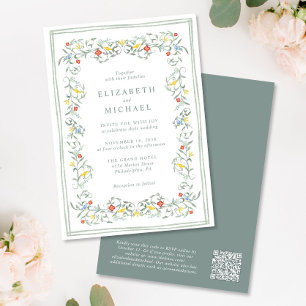 Invitation Vintage Jardin Aquarelle QR Code Sage Mariage