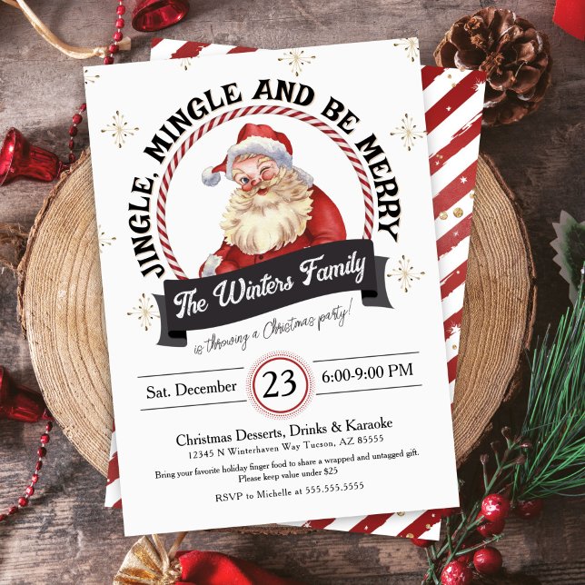 Invitation Vintage Jingle Mingle Be Joyeux Noël Party (Unique Jingle Mingle and Be Merry Family Office Corporate Christmas Party Invitation Vintage Santa)