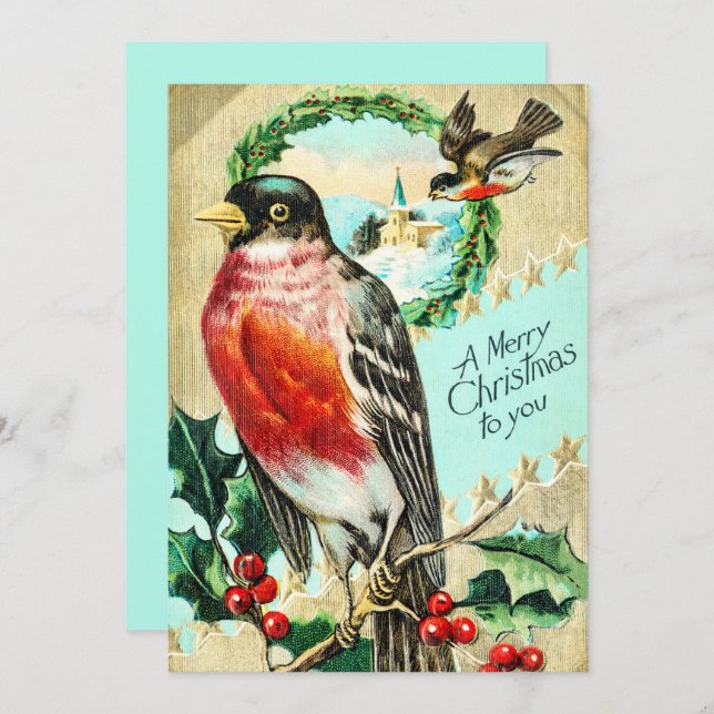 Invitation Vintage Joyeux Oiseau de Noël Holly (Devant / Derrière)