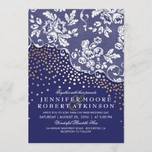 Invitation Vintage Lace Gold Confetti Lumières Marine Mariage