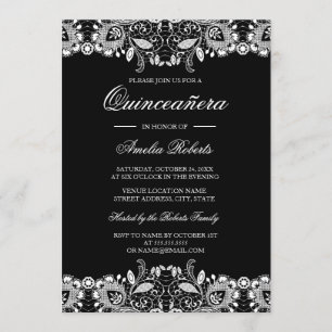 Invitation Vintage Lace Noir Blanc Quinceanera