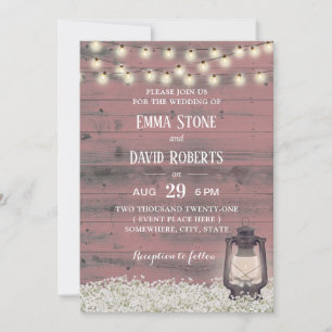 Invitation Vintage Lanterne Rustique Rose Barne Mariage en bo