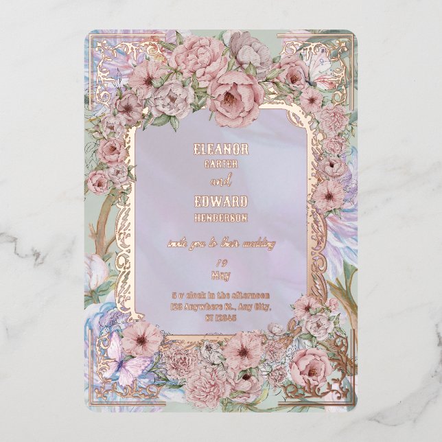 Invitation vintage Lavender Peony Mariage Foil (Recto)