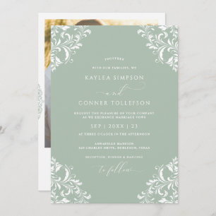 Invitation Vintage Lumière Sage Vert Élégant Mariage photo